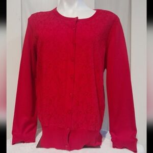 Covington - Red Floral Lace Front, Long Sleeve, Button Up Sweater, Size Large
